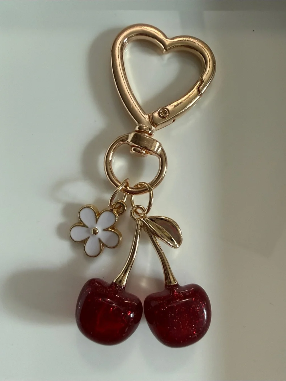 Gold Heart Keychain with Red Cherry and White Flower Charms NWOT